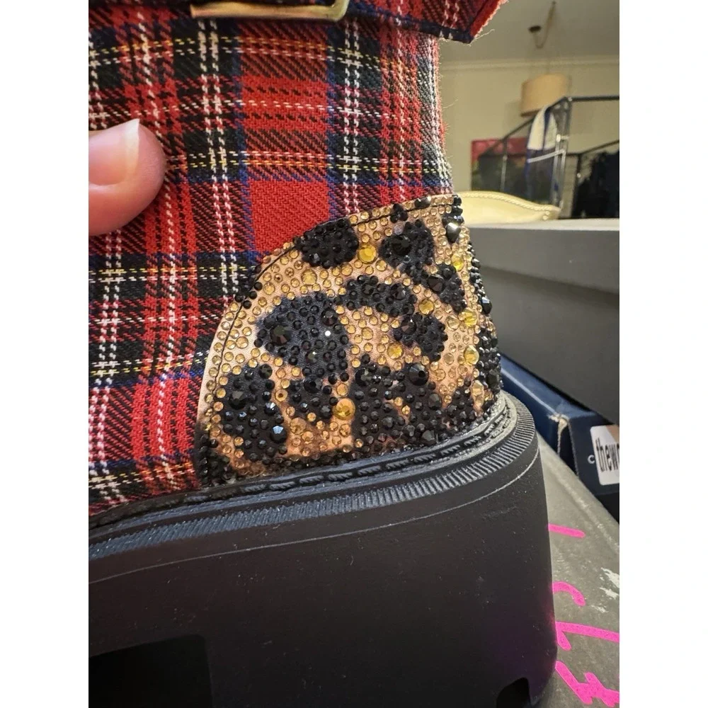 Betsey Jonnie Boots Women Heathr Red Plaid Size 9.5 Holiday Pearl Sequin Animal